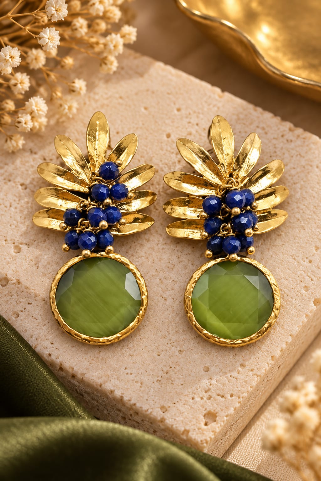 Olive Bloom — Gold Floral + Navy and Olive Stone Earrings - Infinity Jewelzz