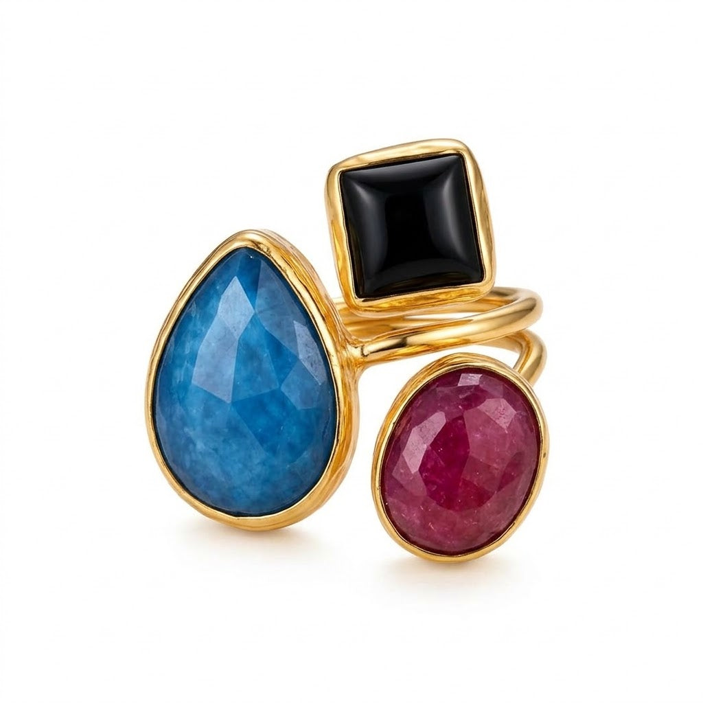 Trinity Gem Ring – Multi-Gem Statement Band Featuring Round Faceted Stones - Infinity Jewelzz