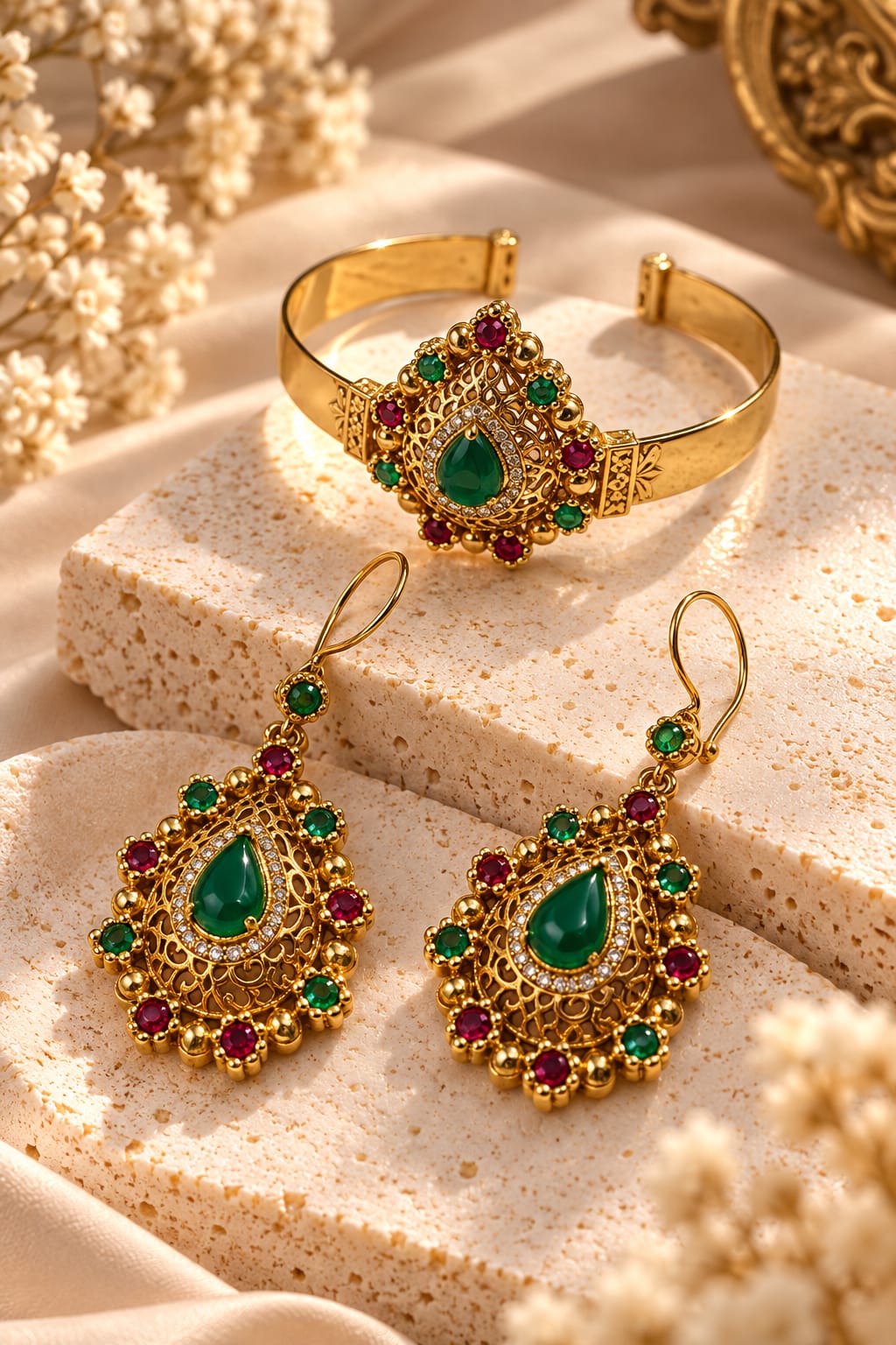 Parure Héritage Émeraude — Bracelet manchette en filigrane d’or orné et boucles d’oreilles pendantes assorties, agrémentés d’émeraudes centrales et de touches de rubis